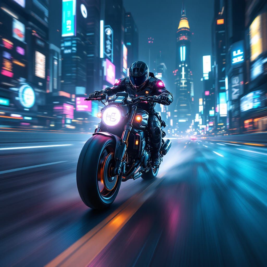 Cyborg Officer on Motorcycle Speeds Down Neon Highway