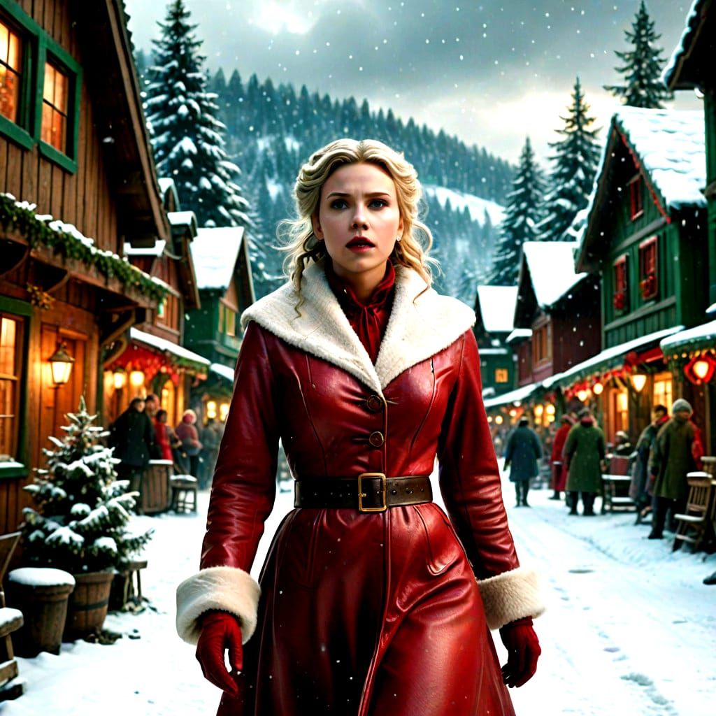 Scarlett Johansson as Jolly Mrs Claus in Red Leather Dress a...