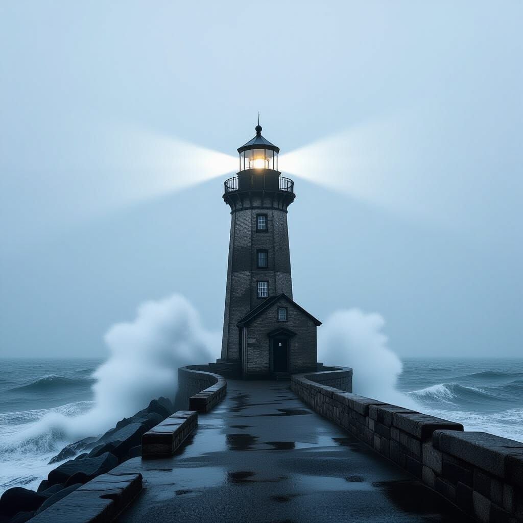 Weathered Lighthouse in Stormy Sea with Dramatic Lighting