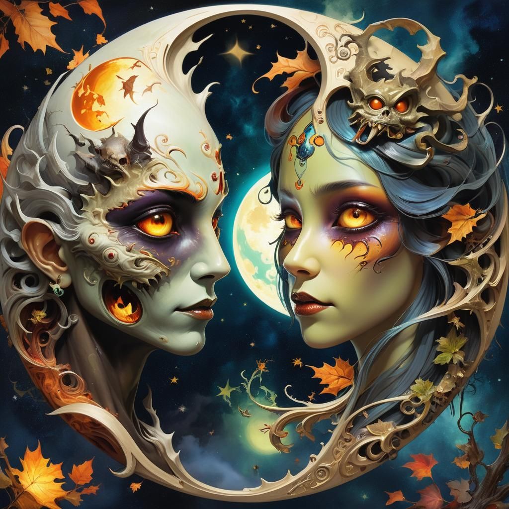 Halloween Monsters in Yin-Yang Setting as Fusion Art