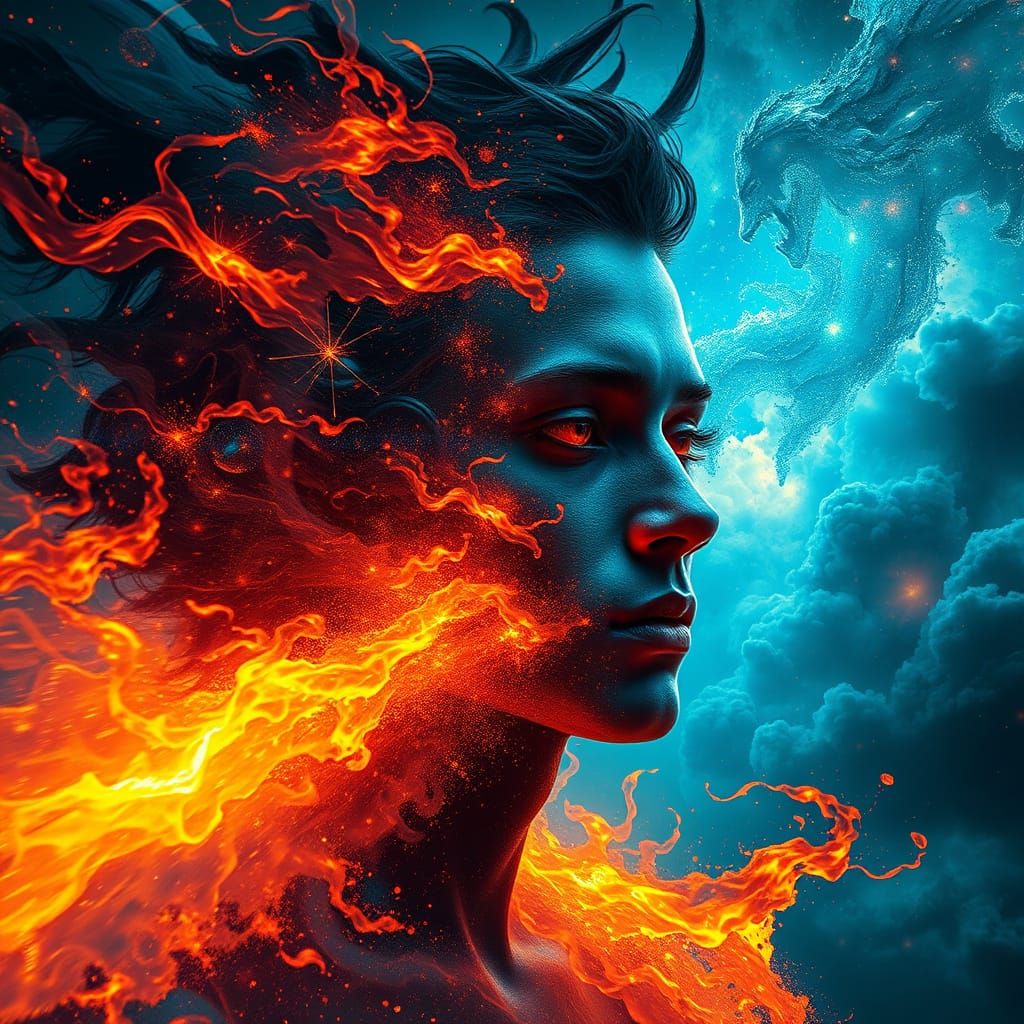 Distorted Glitching Portrait with Fire and Water Elementals