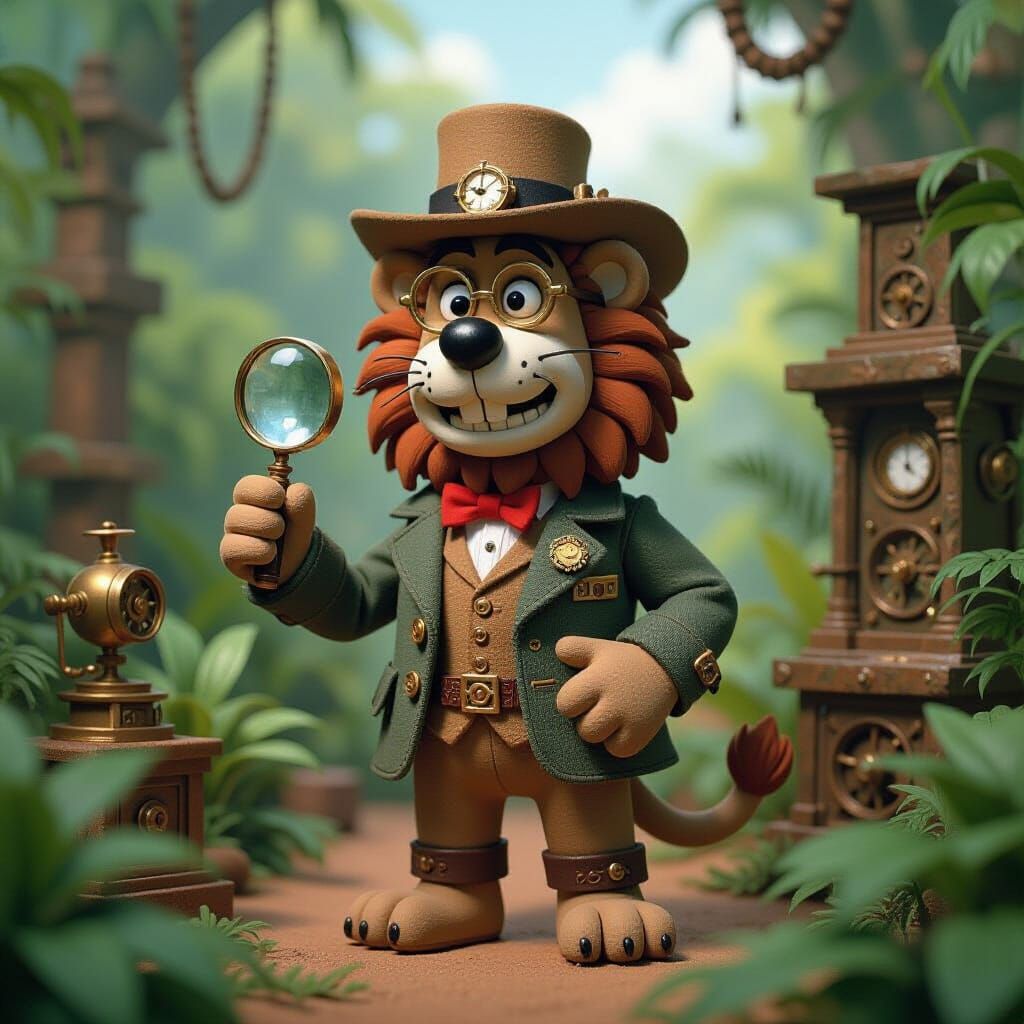 Steampunk Lion Explorer in Claymation Jungle