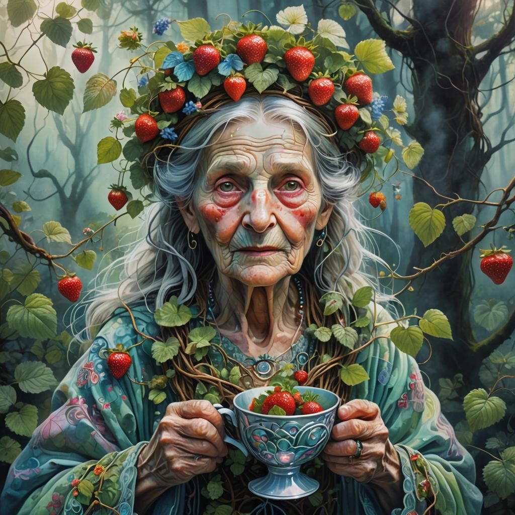 Astral Surrealism: Elderly Woman with Strawberries