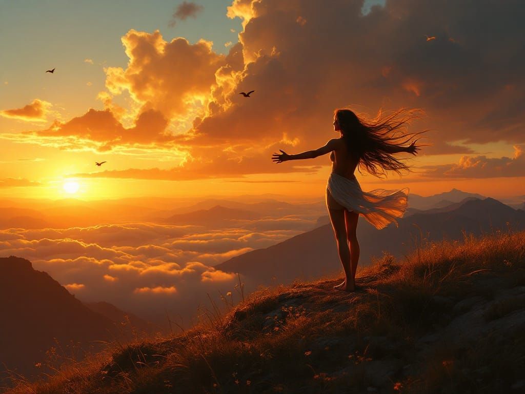 Radiant Sunset: Woman on Mountain Peak in Luminous Landscape