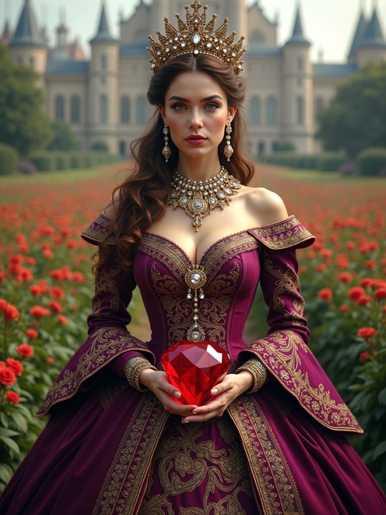 Regal Queen of Diamonds in Lavish Baroque Gown