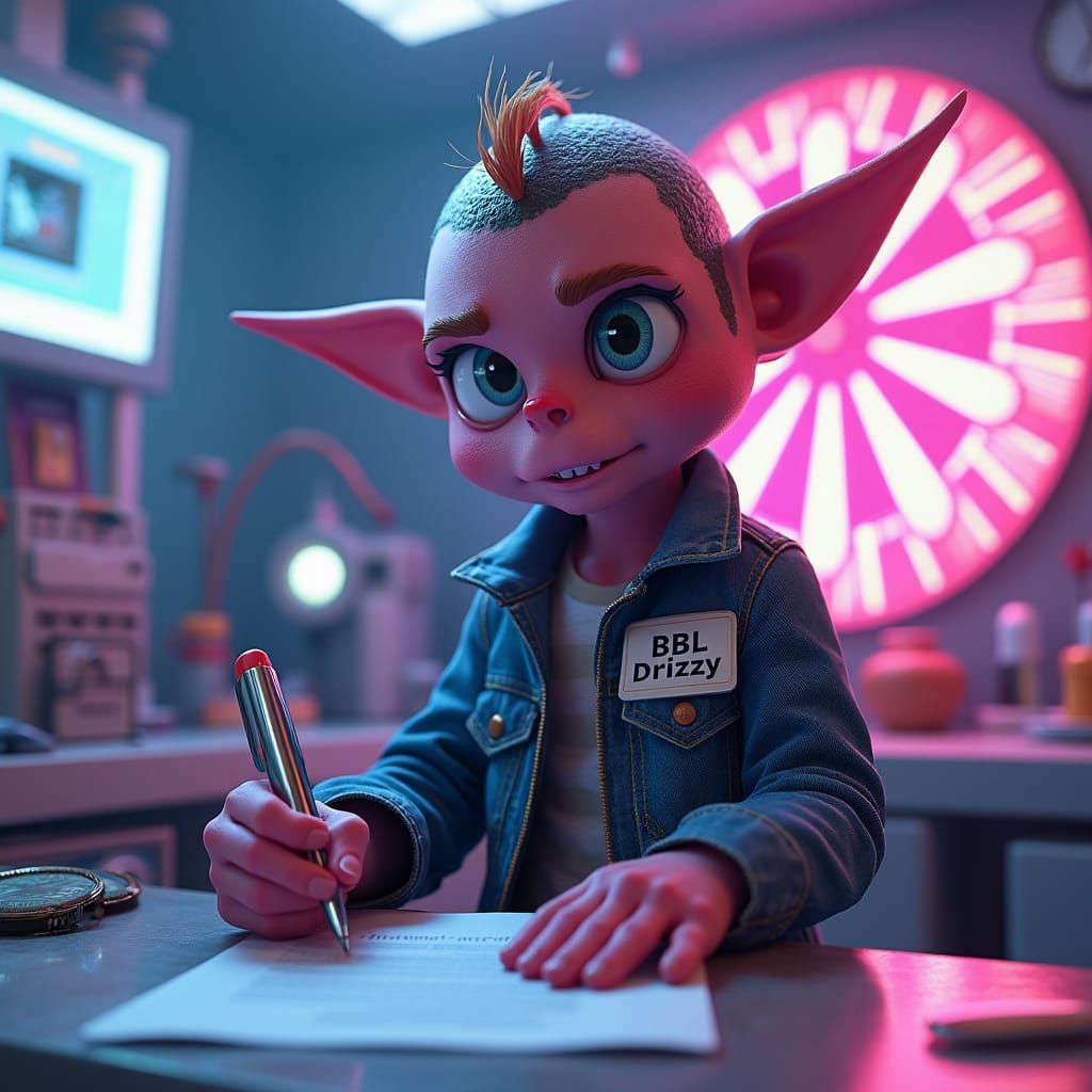 Brainrot Character Signs Document in Futuristic Lab