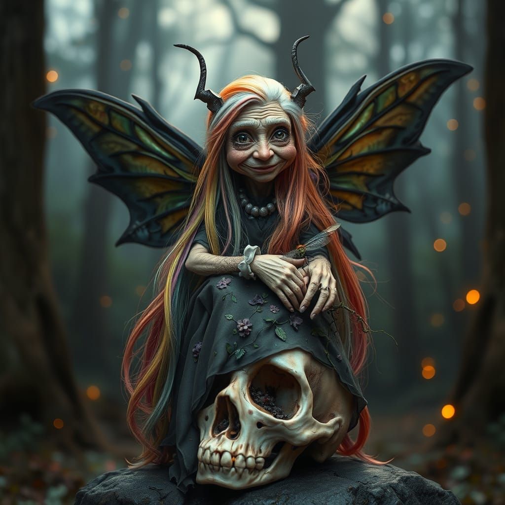 Mystical Elderly Fairy Seated on a Human Skull
