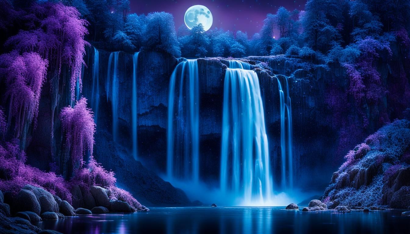 Magical Waterfall Illuminated by Huge Moon