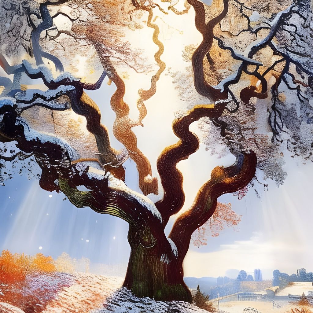 Magical Autumn Tree in Early Snowfall