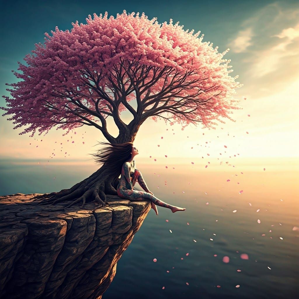 Cherry Tree, Cliffside, and Tattooed Woman in Bloom