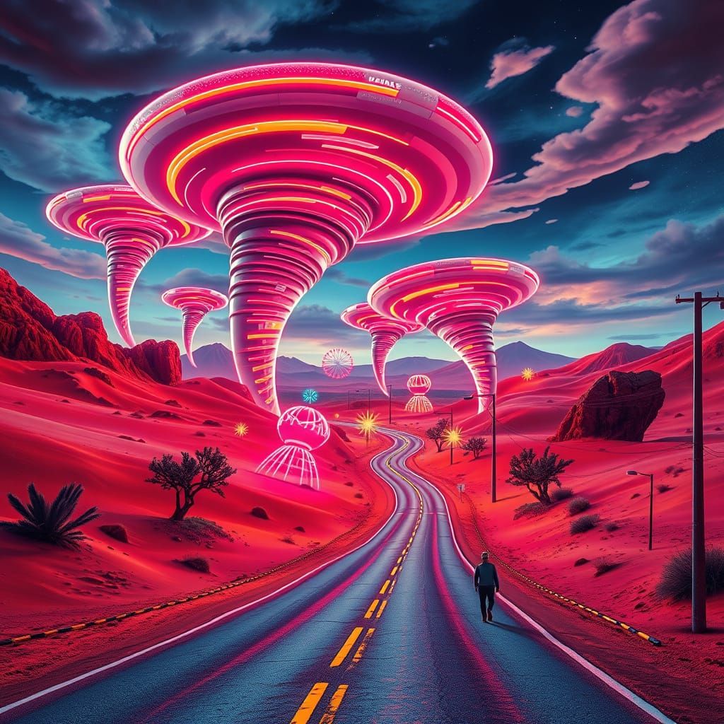Retro-Futuristic Desert Holiday Scene with Neon Lights