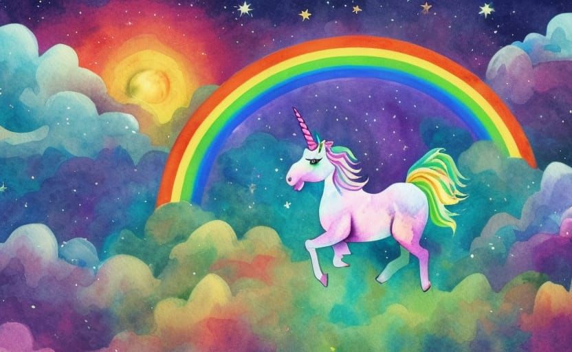 Rainbow Unicorn Rearing on Moonlit Hill: Watercolor Art