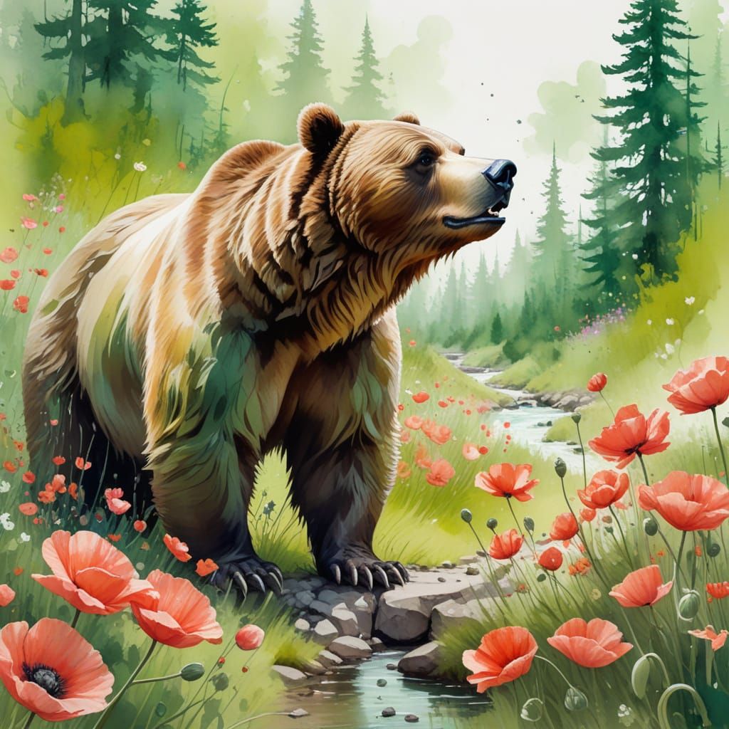 Grizzly Bear in Mystical Woodland Swale, Watercolor Art