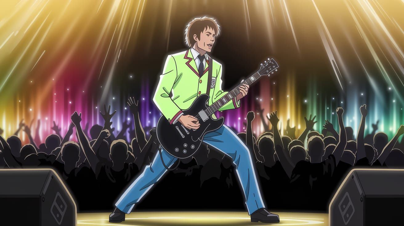 Angus Young Performs Epic Duck Walk on Stage in Neon Anime S...