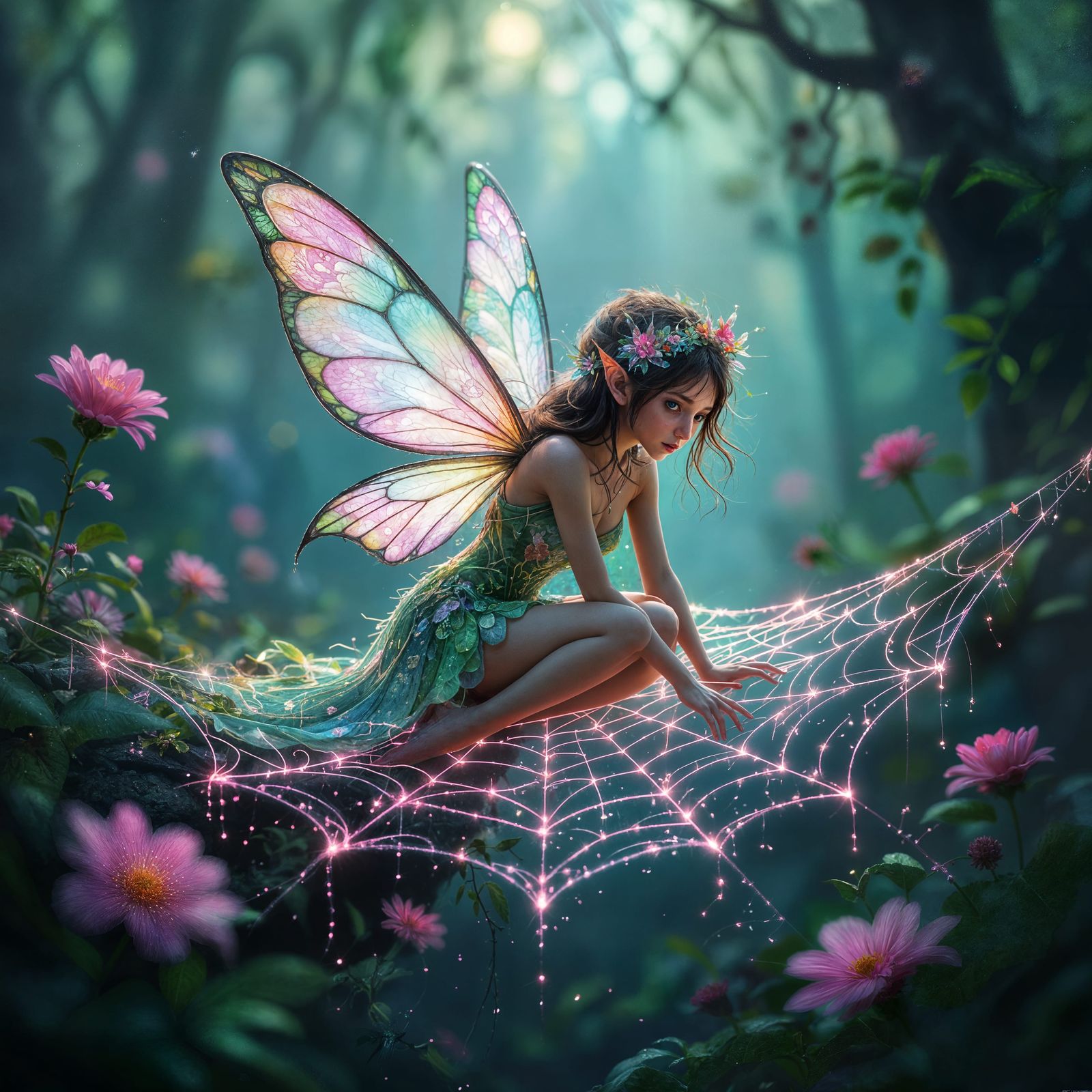 Neon Fairy on Glowing Web as Alcohol Ink Painting