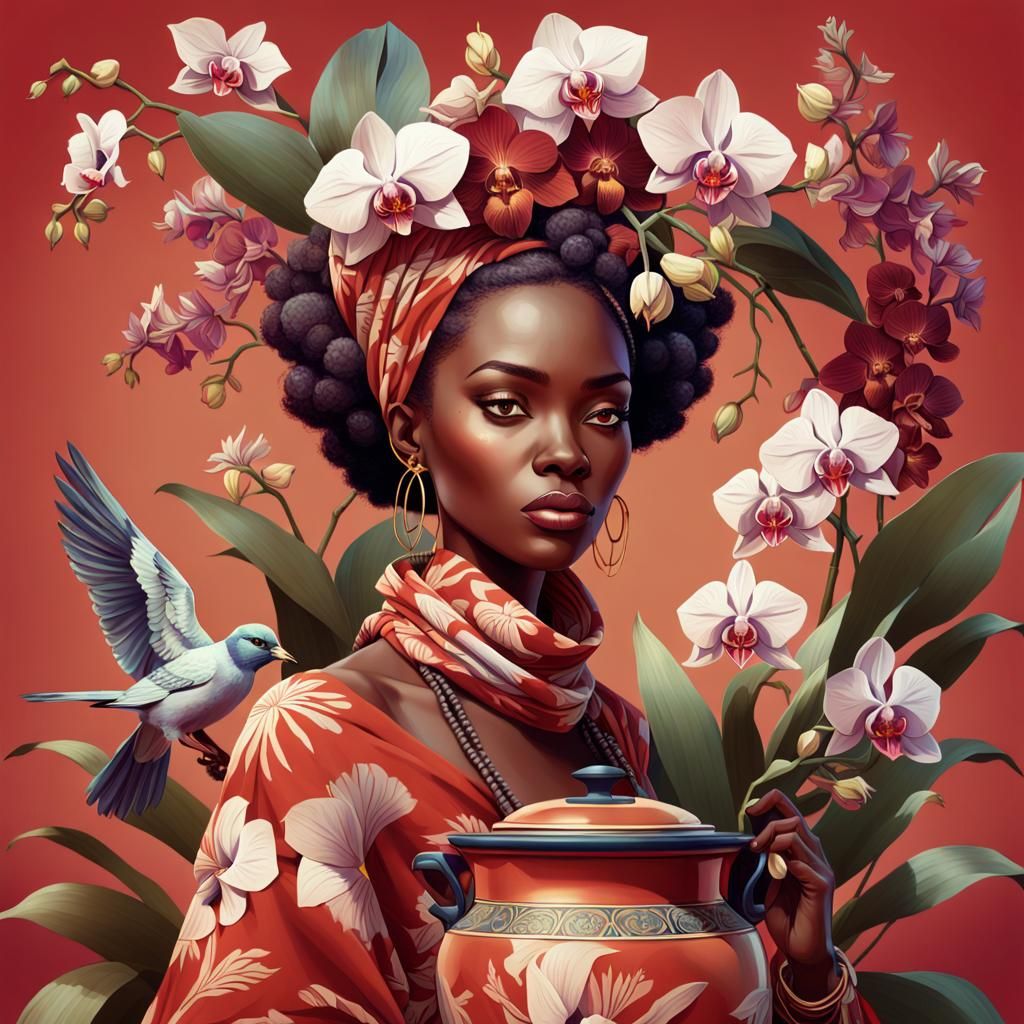 African Woman with Floral Ship Headscarf, Hyperdetailed Art