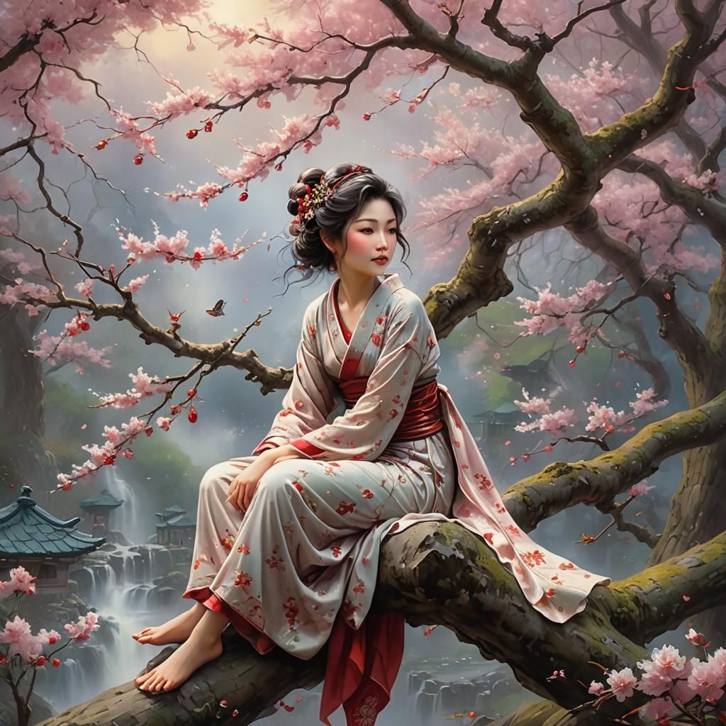 Japanese Nymph in Cherry Blossom Tree