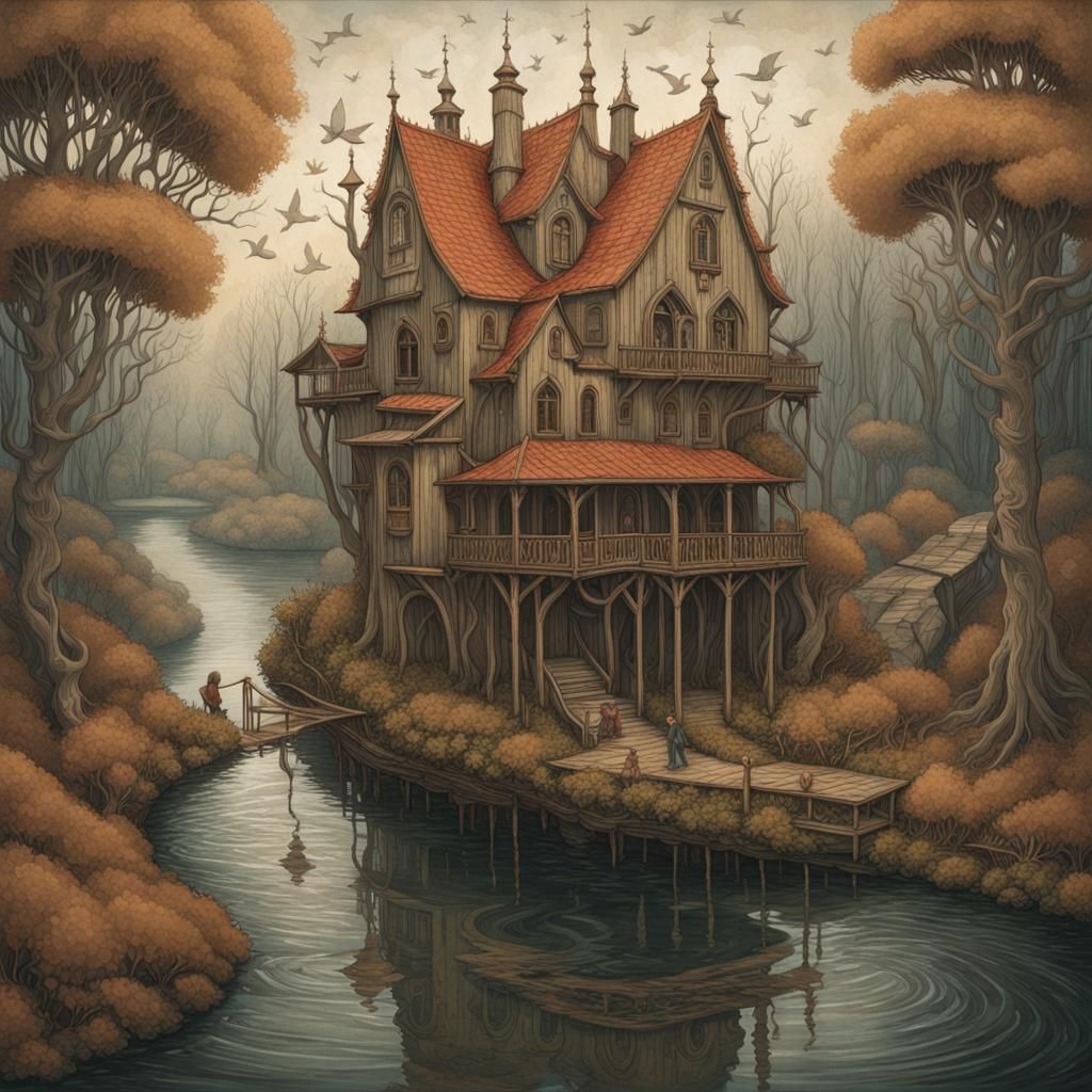 Cottagecore River Scene in Ornate Rustic Style