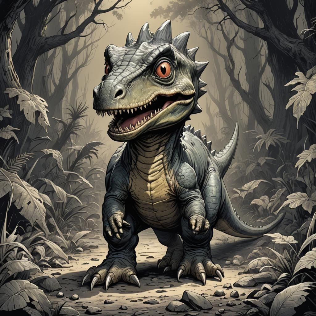 Cute Cartoon Dinosaur in Horror Illustration Style