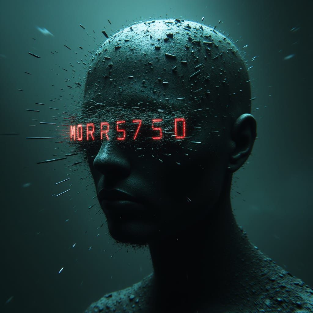 Humanoid Face in Cyberpunk Digital Decay