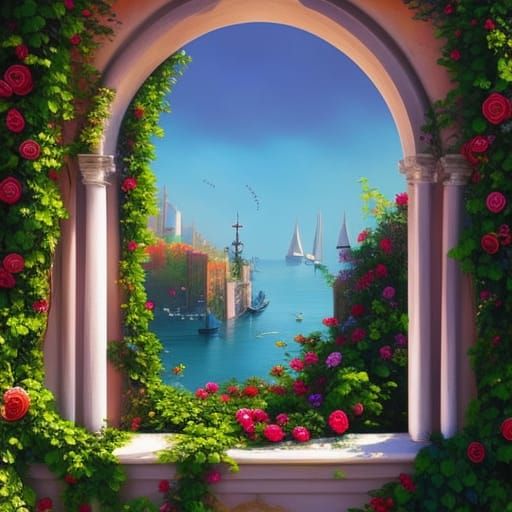 An arched window covered in vines and climbing roses, looking out to a harbour filled with sailing boats on a sunny day ...