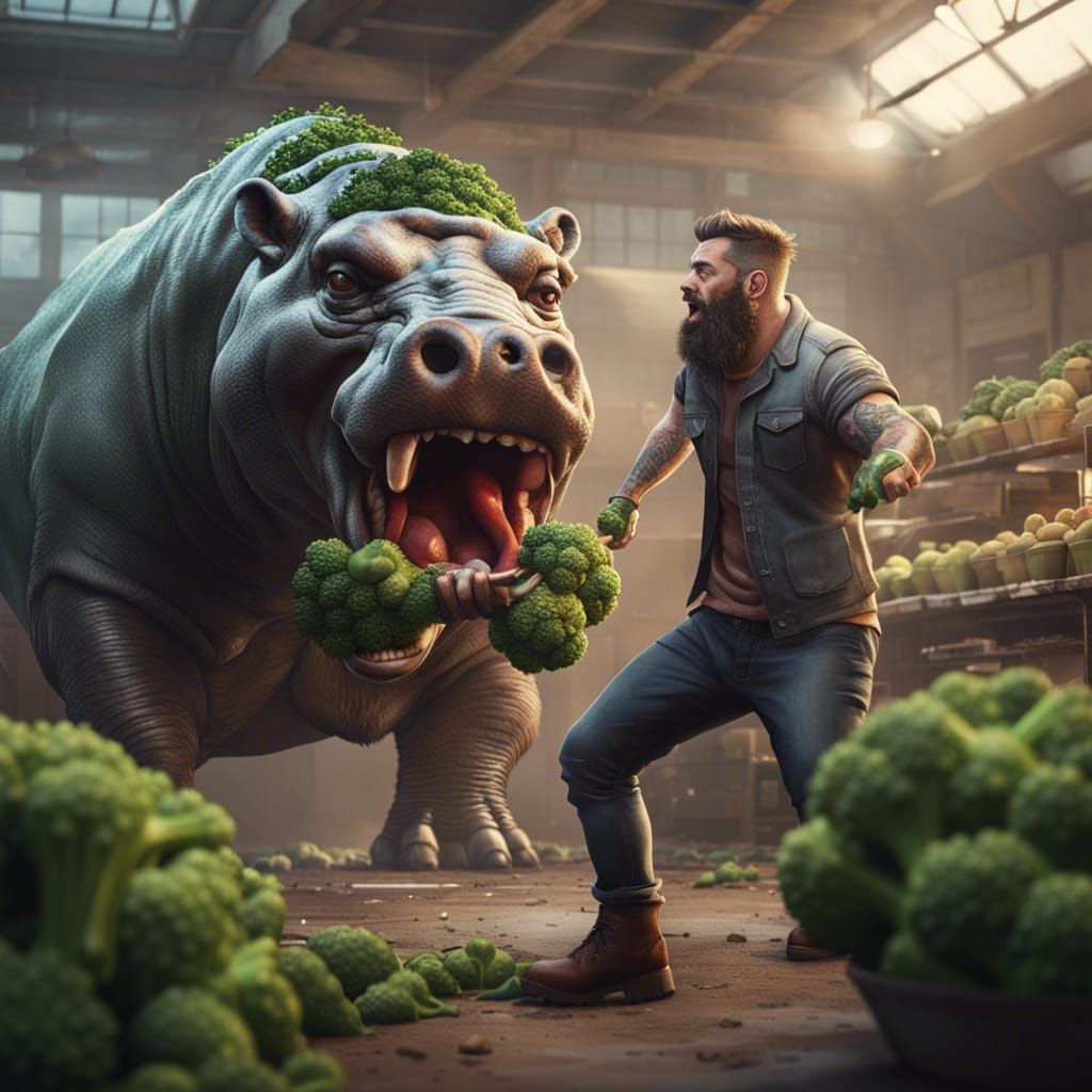 Hipsters vs Hippo: Broccoli Battle in Hyperdetailed Art