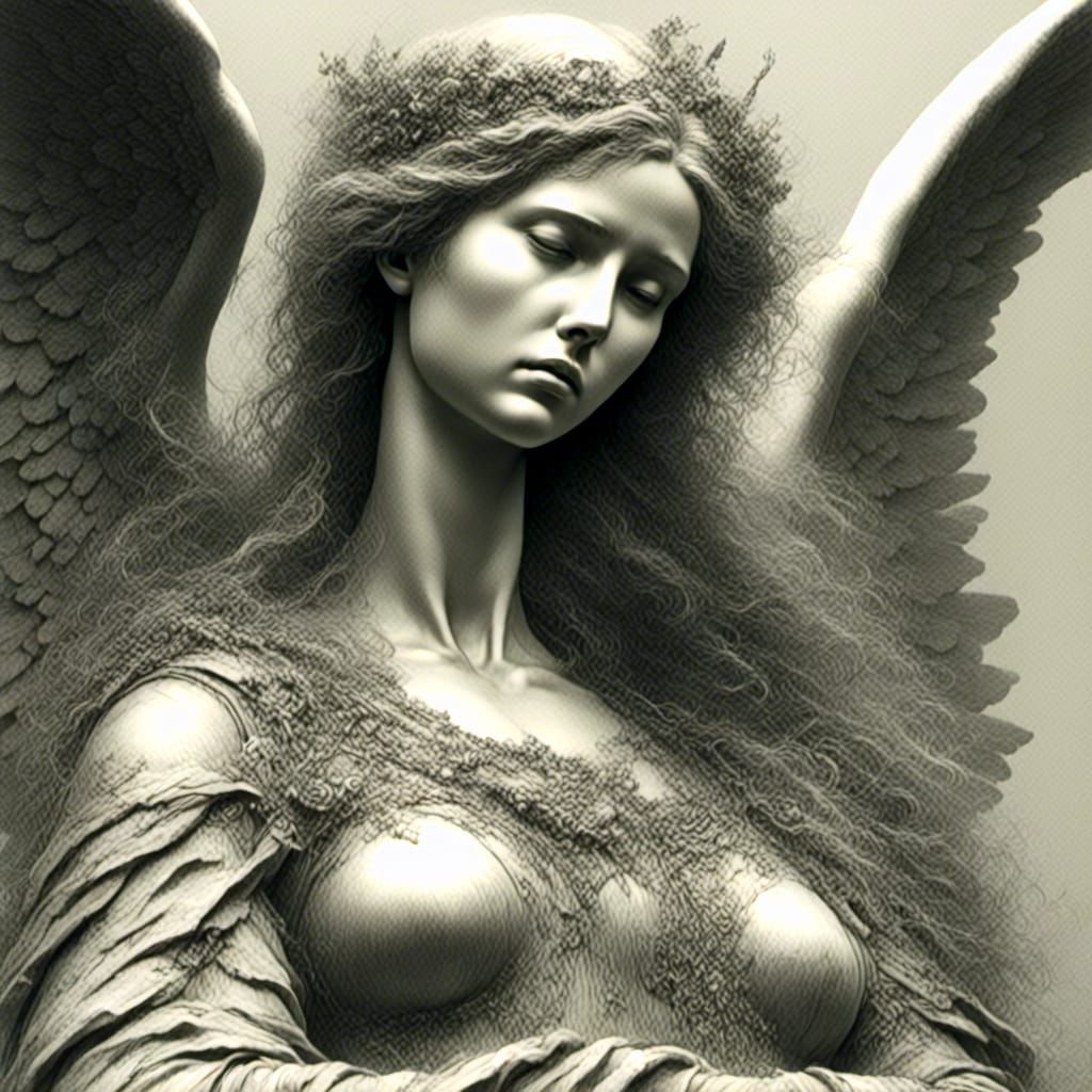 Detailed Pencil Drawing of One-Winged Angel Statue