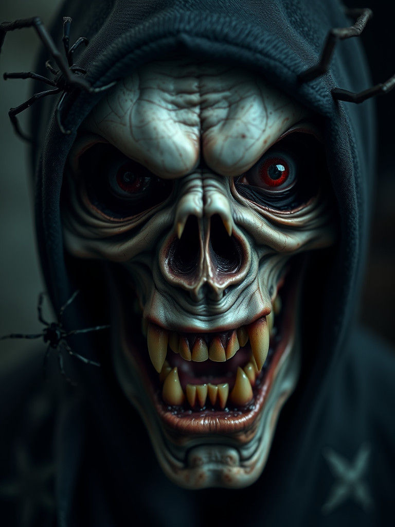 Deformed Ghost Face Portrait with Spiders