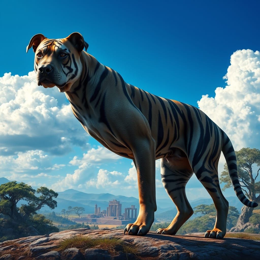 Majestic Half-Pitbull, Half-Tiger Hybrid in a Vibrant Blue S...