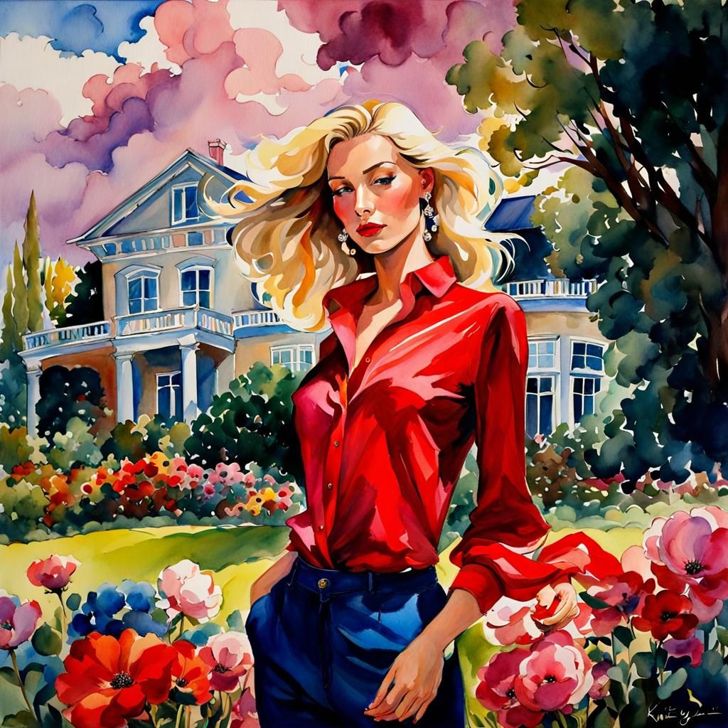 Woman in Garden Watercolor Painting