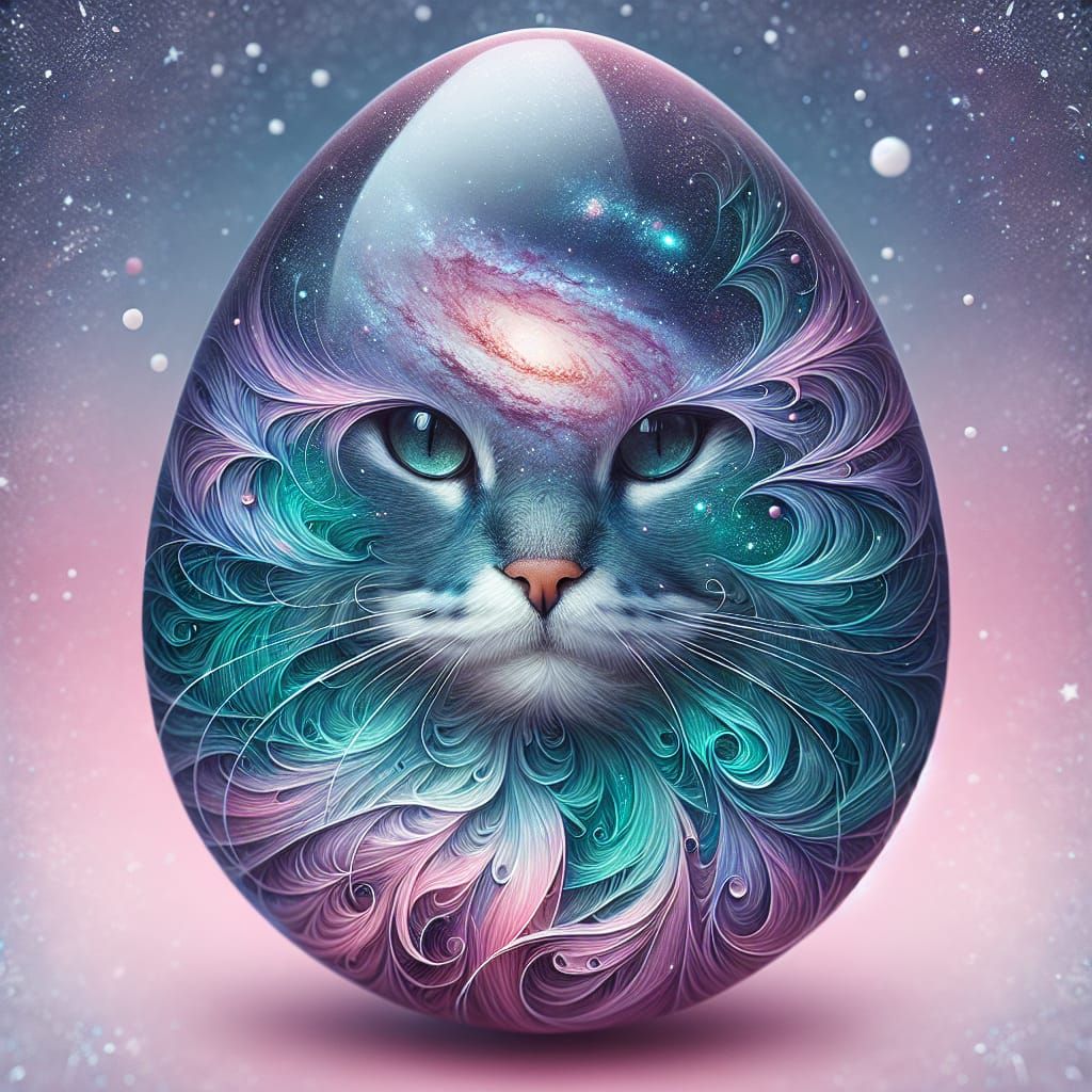 Teal and Purple Cat with Galaxy Egg