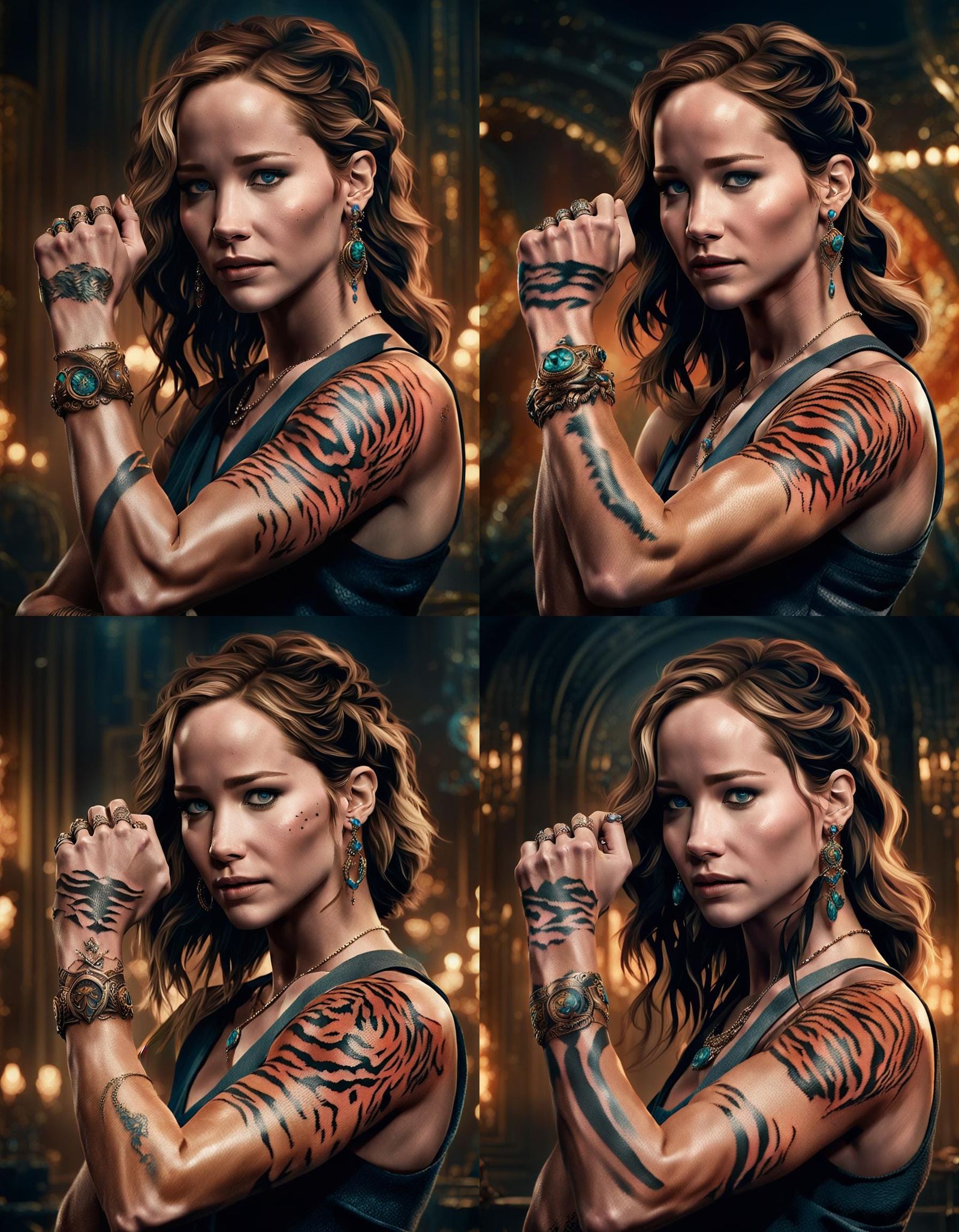 Jennifer Lawrence Portrait with Tiger Tattoo, Digital Art