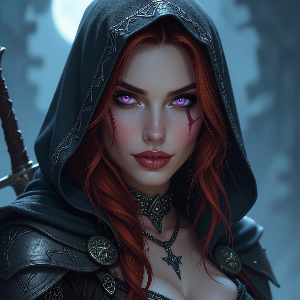 Fantasy Assassin Thessaly: Dark Beauty in Moonlight