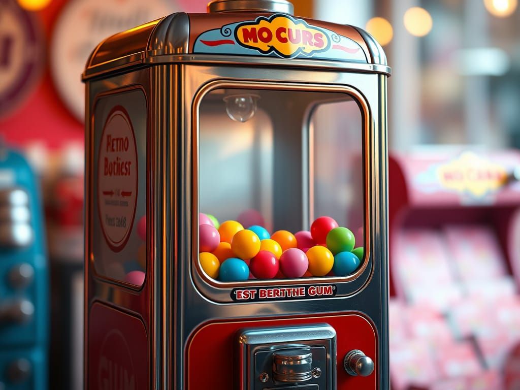 A vintage-style 8K digital illustration of a nostalgic gum machine, designed to look like an old-fashioned candy dispens...