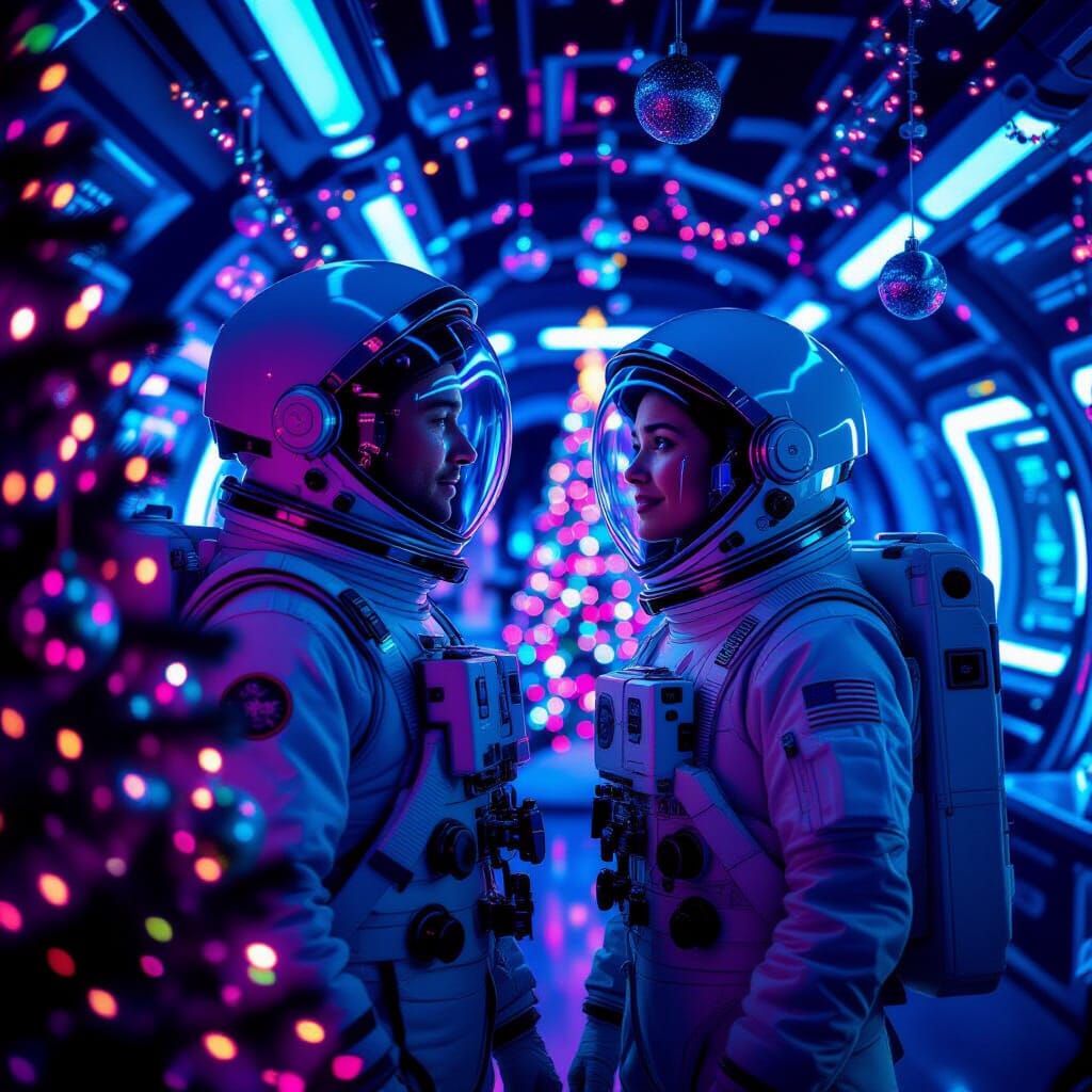 Astronaut's Lonely Christmas Aboard Futuristic Spaceship