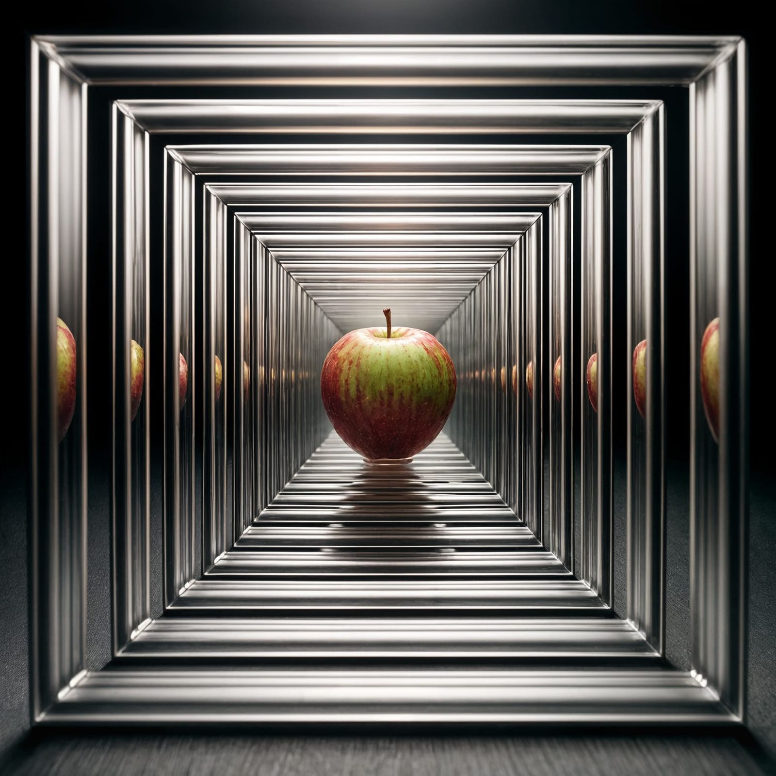 Apple Encased in Glass Within Infinite Frames