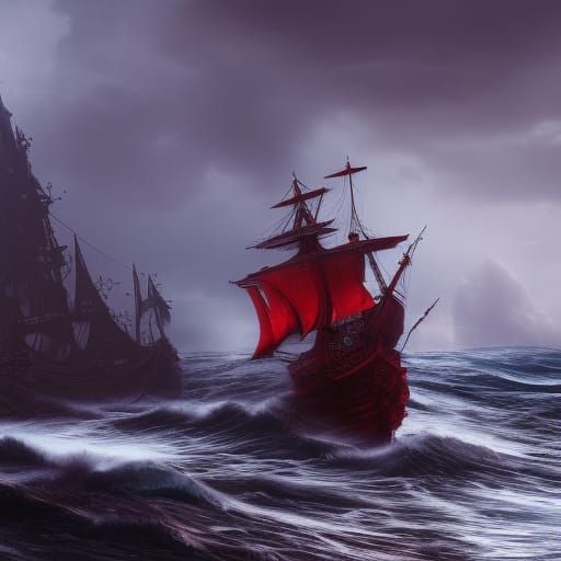 Pirate Ship Amidst Stormy Seas at Night
