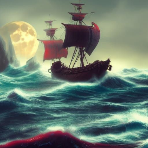 Red Pirate Ship Under Stormy Moonlight