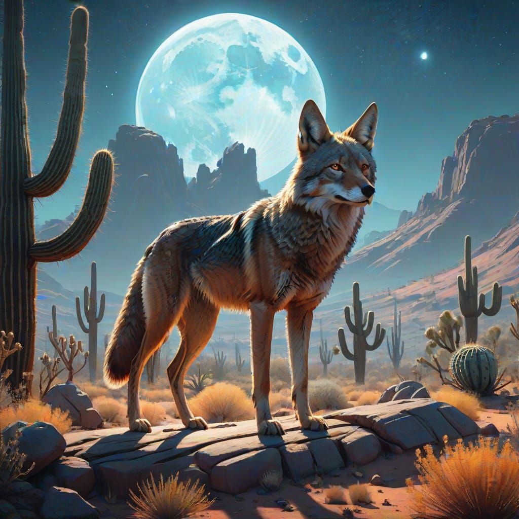 Majestic Coyote Under Celestial Desert Dreamscape