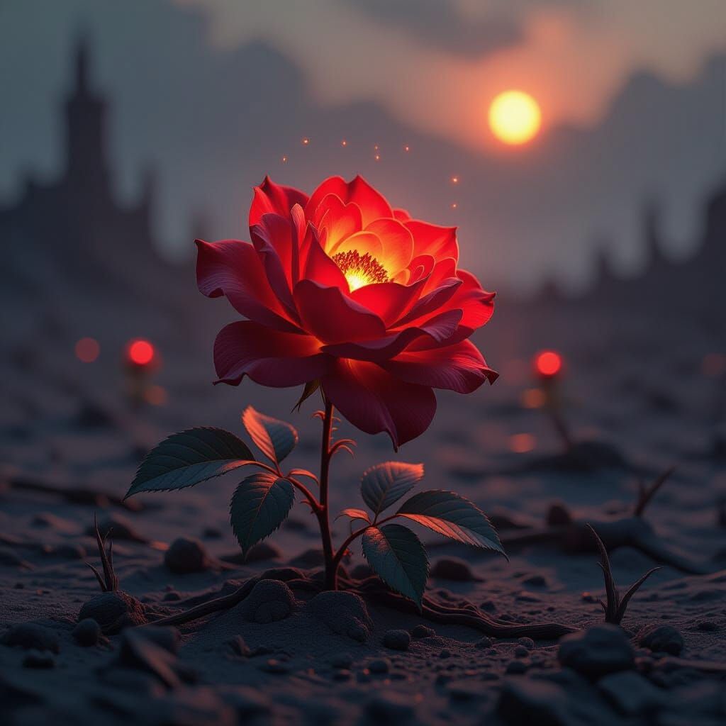 Crimson Rose Unfurling in Ash Landscape, Dark Fantasy Art