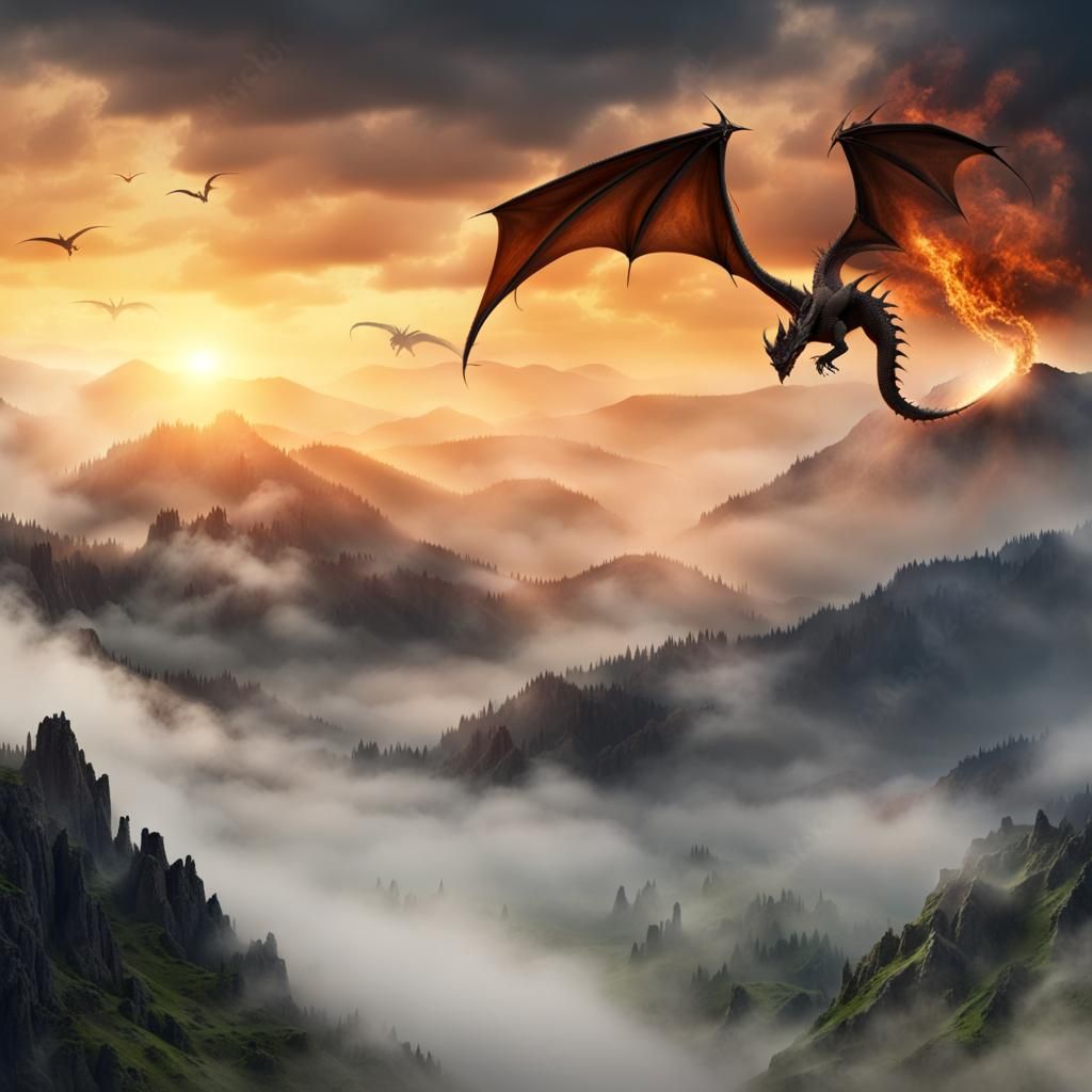 Misty Mountain Landscape with Fire-Breathing Dragons