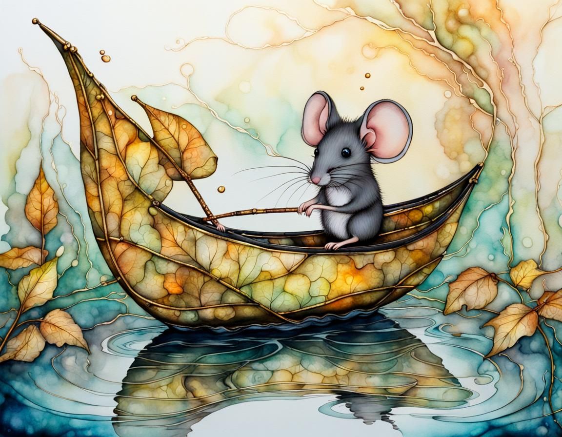 Mouse on Leaf Boat: Vivid Watercolour Fantasy