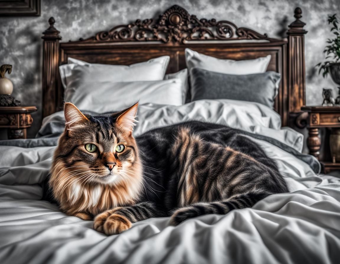 Hyperrealistic Girl and Cat Sleeping in Bed