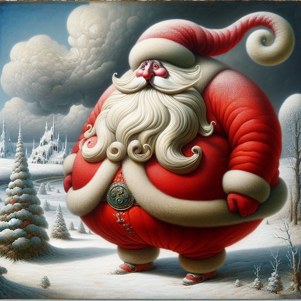 Festive Character in Snowy Surrealist Landscape