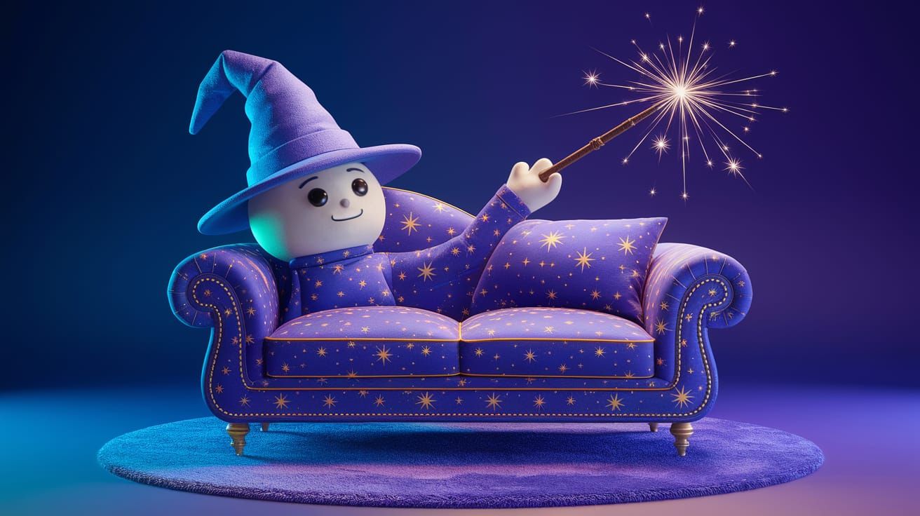 Cartoon Couch Wields Magic Wand in Ghibli Style