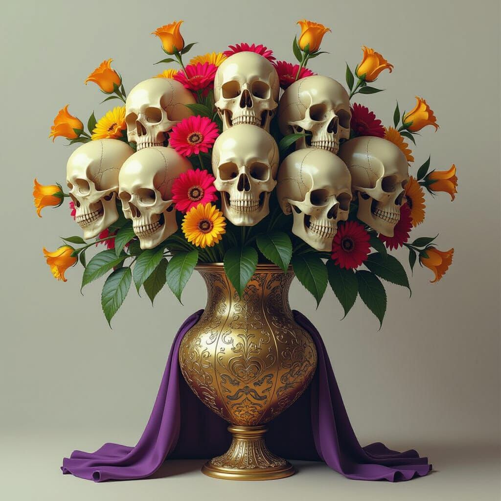 Dark Fantasy Skirt Vase with Skull Flowers and Hand Leaves