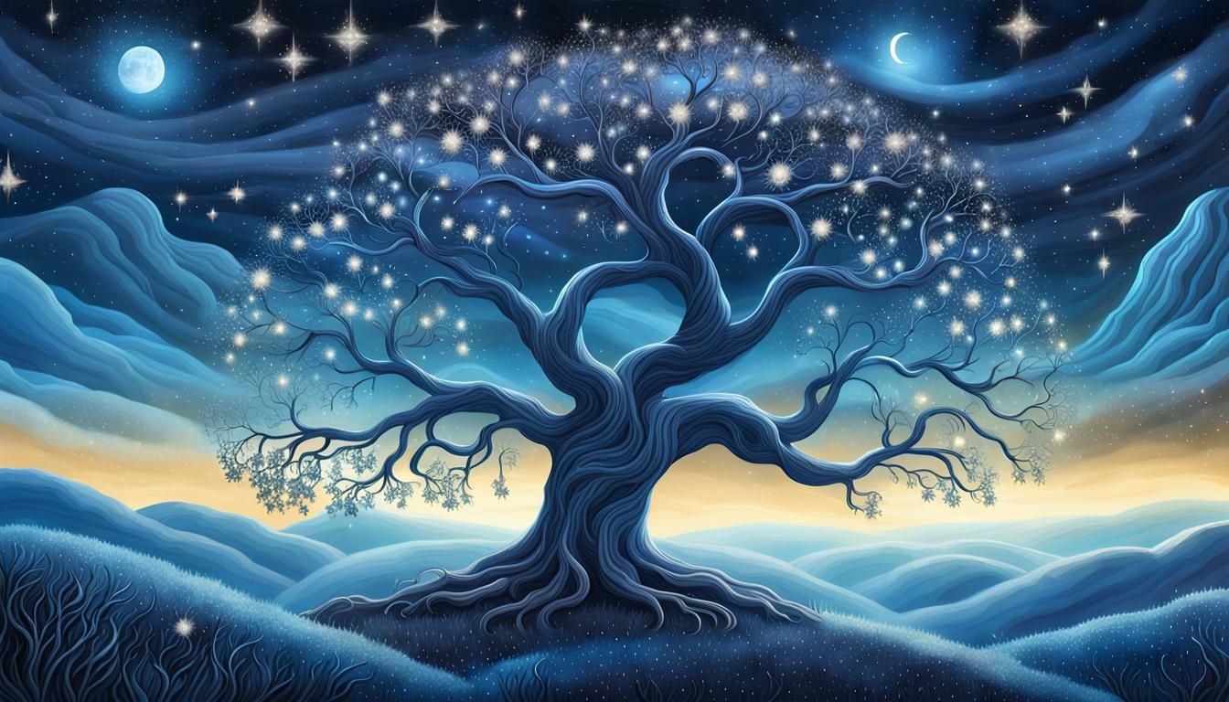 Glowing Mythical Tree Under Starry Sky