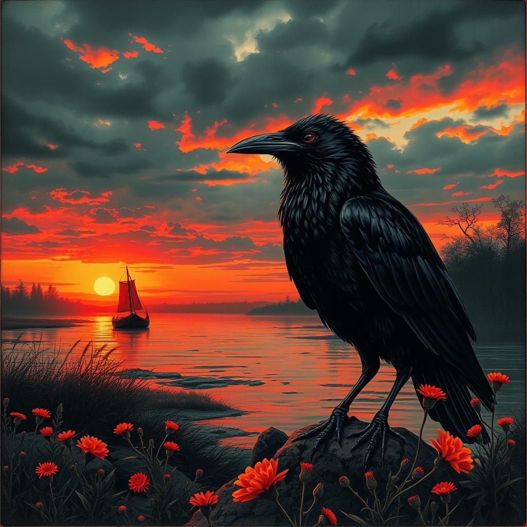 Raven at Sunset: Color Print Art Masterpiece