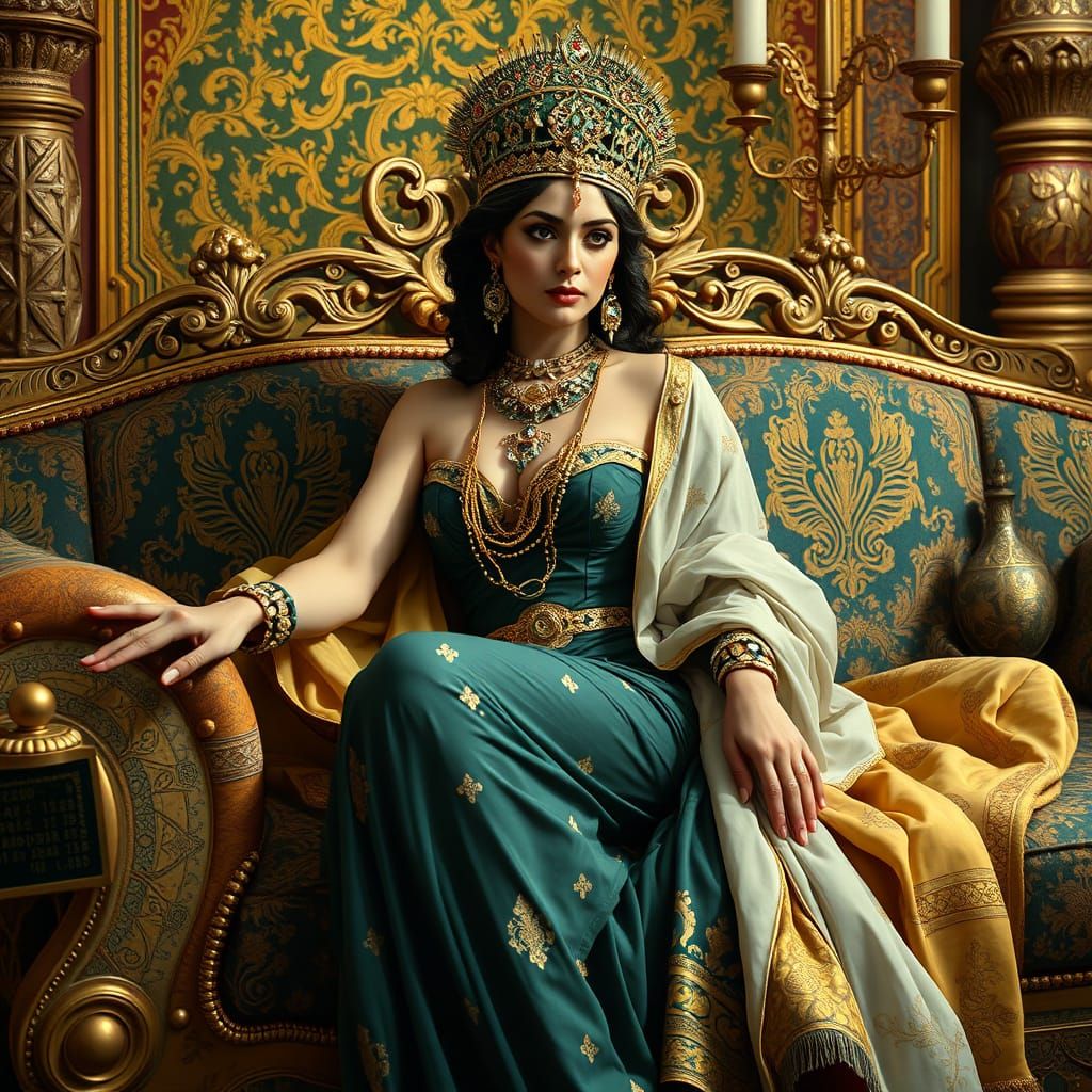 Ancient Persian Goddess in Opulent Splendor as Pin-Up Art