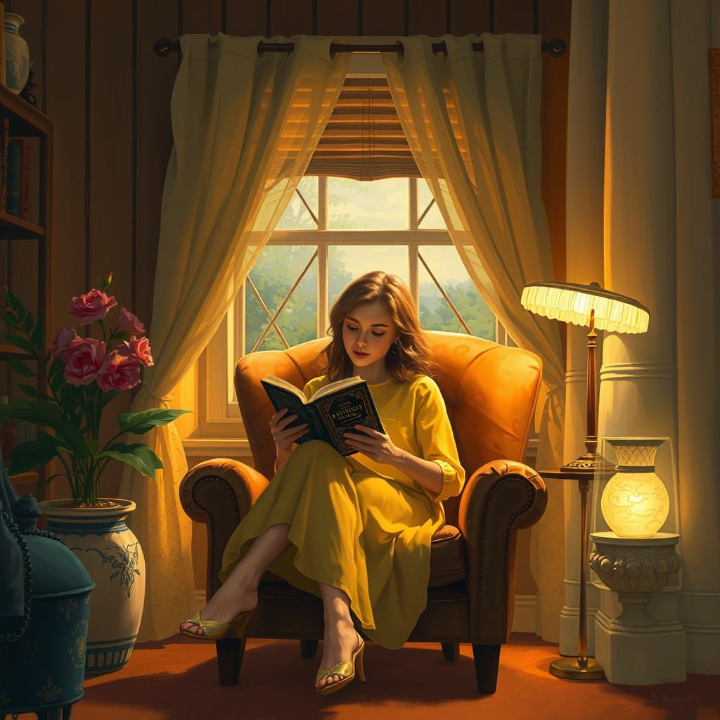 Cozy Evening Reading: Digital Painting with Intricate Detail...